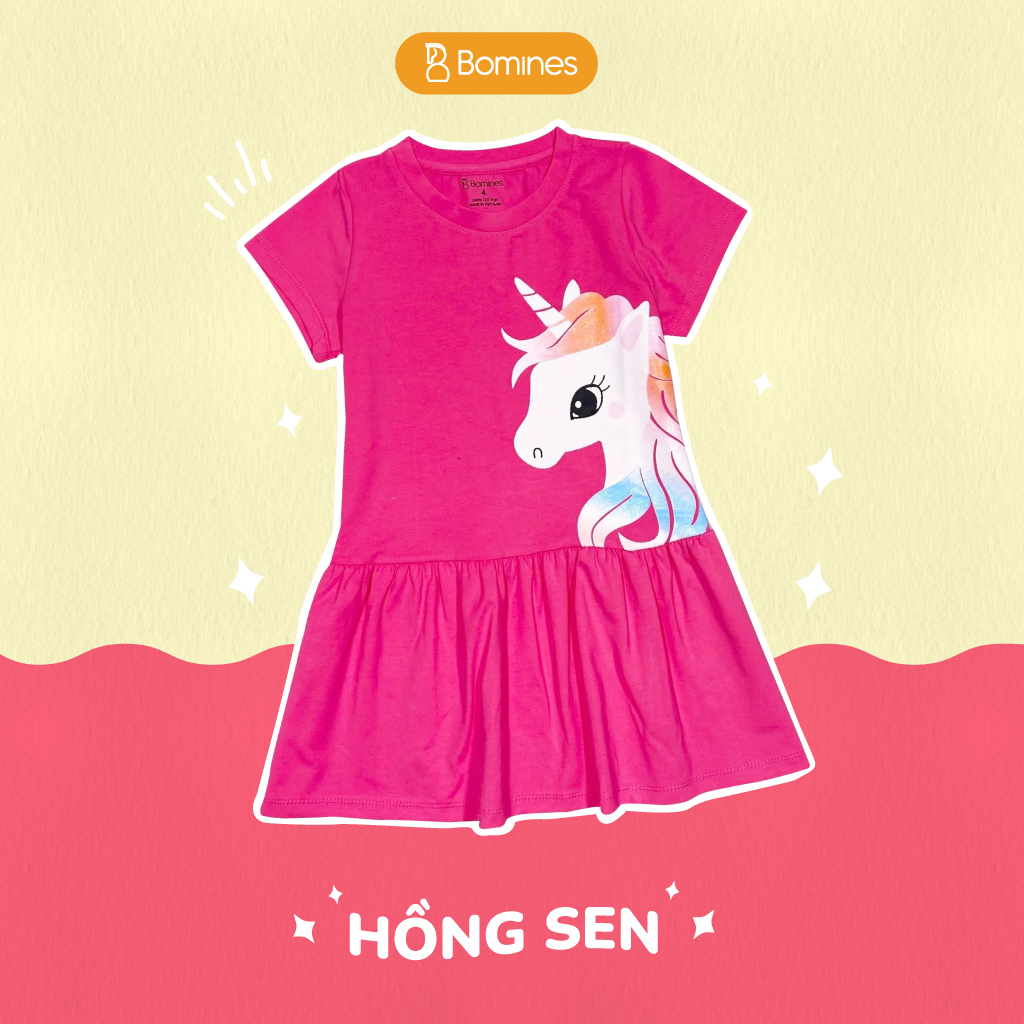 Váy bé gái Unicorn BOMINES, thun cotton thoáng mát cho bé 3- 13 tuổi, 12- 36kg DAMTAYNGANUNICORN