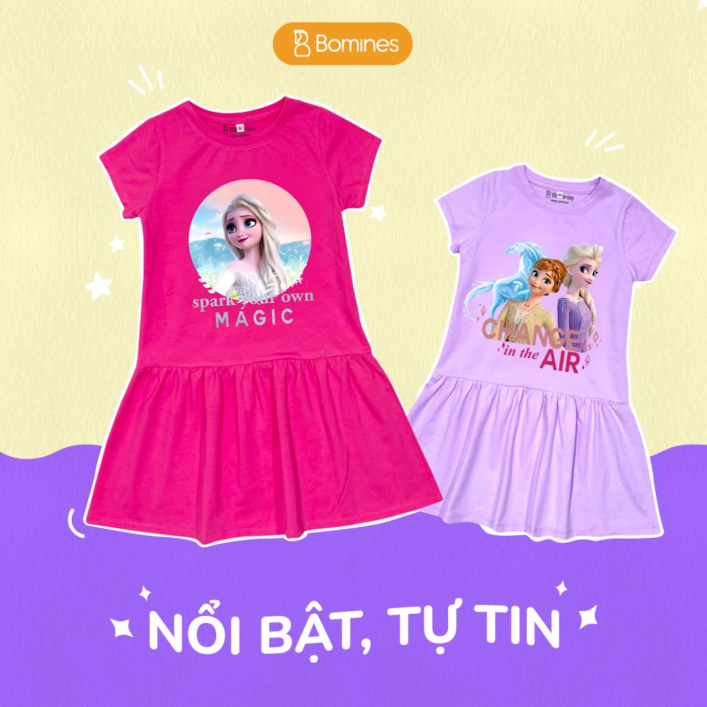 Váy bé gái công chúa Elsa BOMINES, cotton thoáng mát đủ size cho bé 3- 10 tuổi, 10- 30kg DTNELSANHIEUHINH