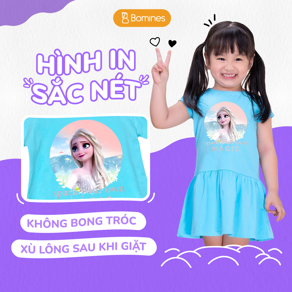 Váy bé gái công chúa Elsa BOMINES, cotton thoáng mát đủ size cho bé 3- 10 tuổi, 10- 30kg DTNELSANHIEUHINH