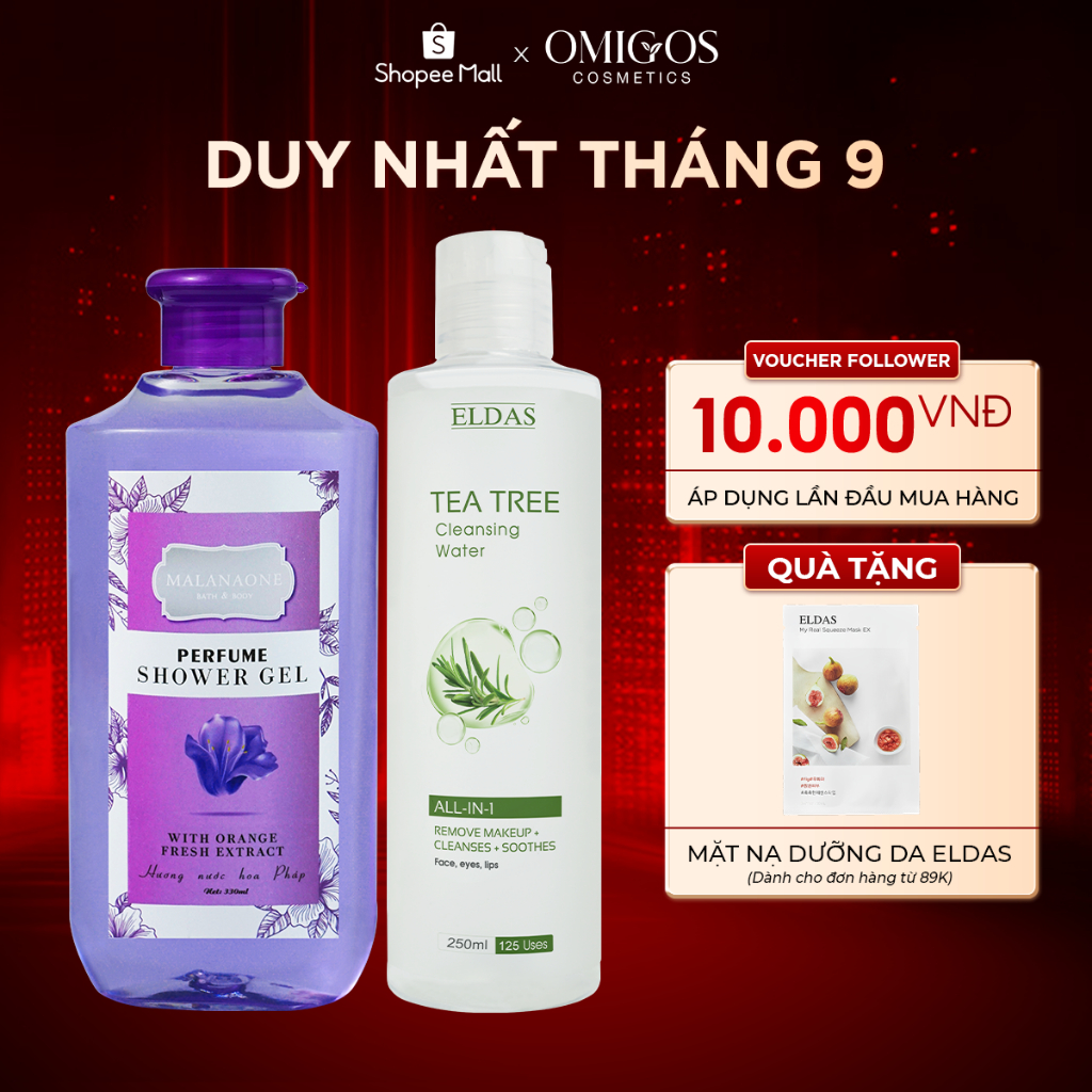 Bộ Quà Tặng Sữa Tắm Thơm Lâu Hương Nước Hoa Malanaone 330ml/chai và Nước Tẩy Trang Tràm Trà Eldas 250ml/chai