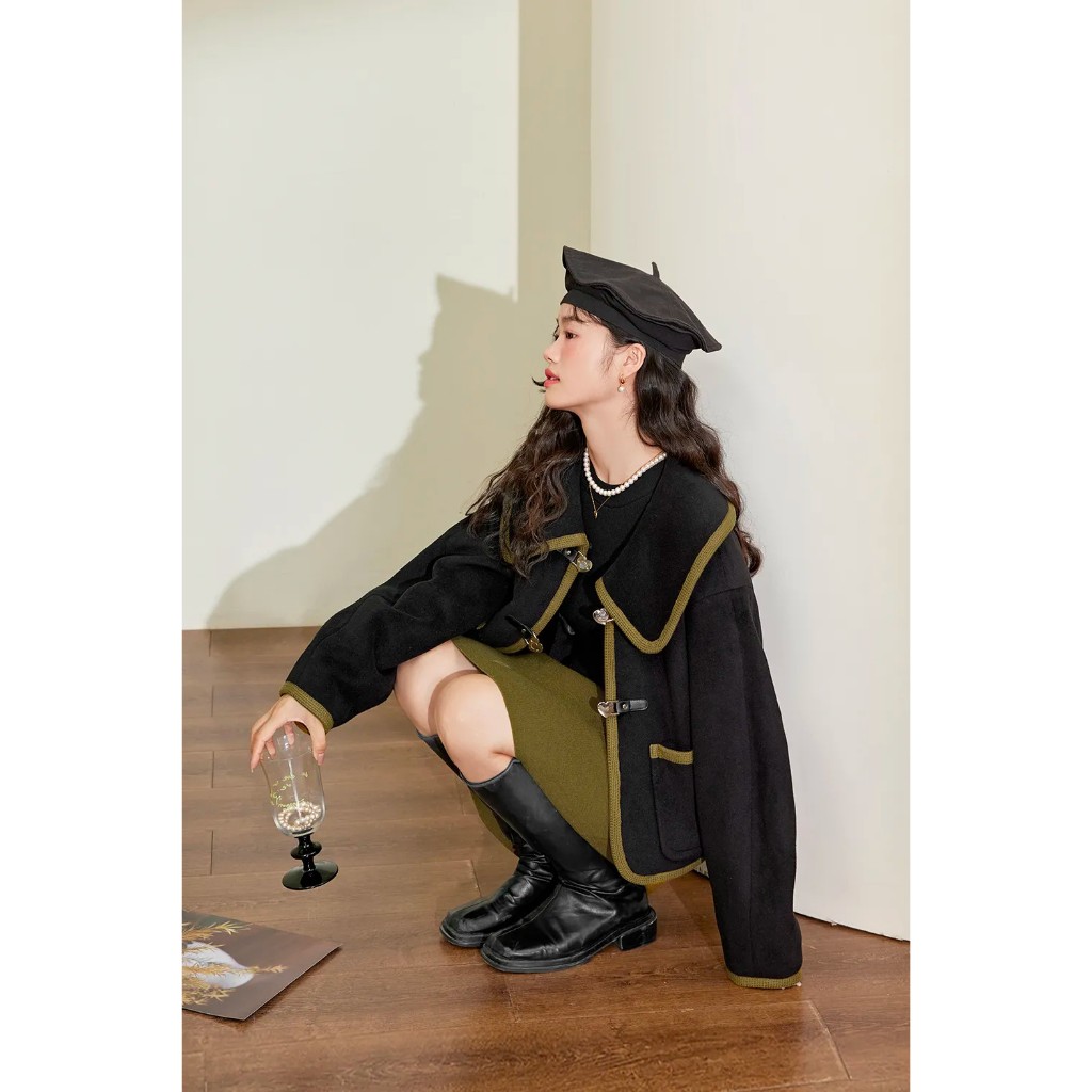 Áo khoác dạ mịn phối viền hàng xuất Kuose