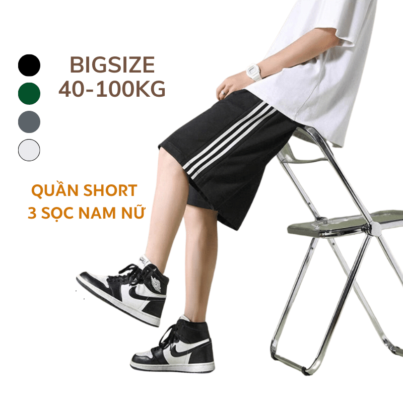 40-100KG Quần Short 3 Sọc Nam Nữ Bigsize phong cách thể thao