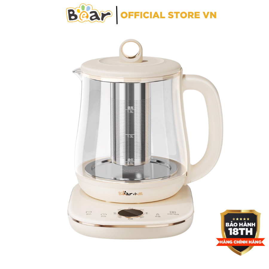 Ấm Đun Pha Trà 1.5L Siêu Tốc Mini Đa Năng Bear YSH-E15M1 - CS 800W- Có lõi lọc Inox-  Hàng Chính Hãng- BH 18 Tháng