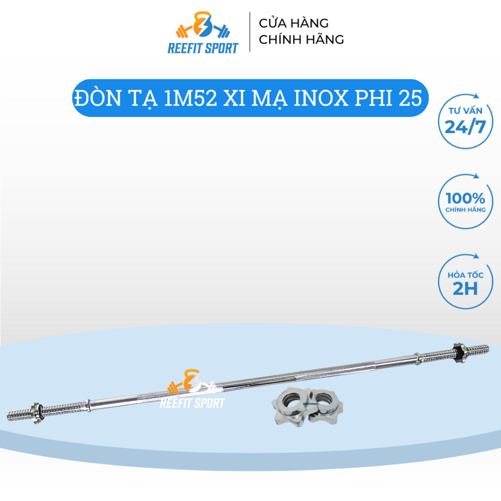 Thanh đòn tập tạ Reefit dài 1m52 xi mạ inox cao cấp (phi 25)