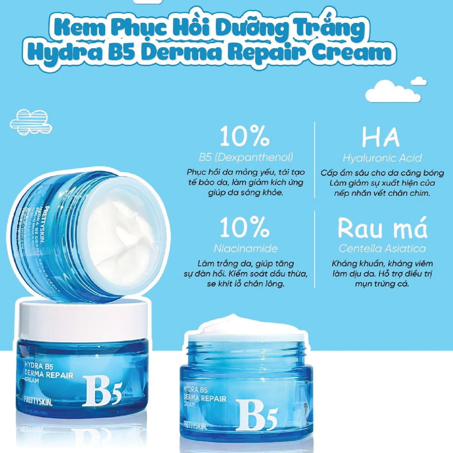 Kem Dưỡng Prettyskin Phục Hồi Dưỡng Trắng Hydra B5 Derna Repair Cream , Rau Má The Pure Jeju Cica