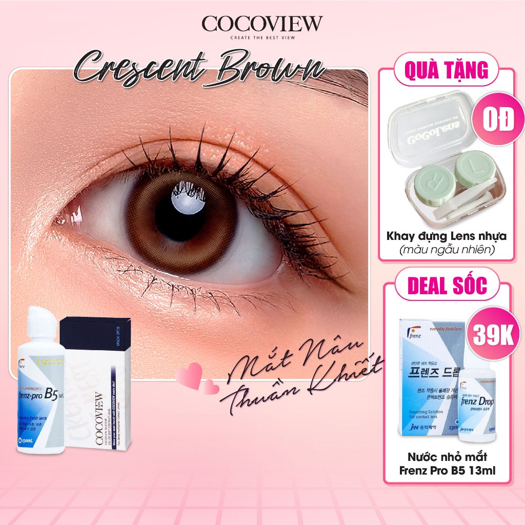 Combo Kính Áp Tròng Hàn Quốc COCOVIEW LENS CRESCENT BROWN Nấu Tự Nhiên + Nước Ngâm Frenz Pro B5 150ml
