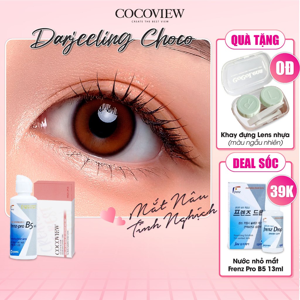 Combo Kính Áp Tròng Hàn Quốc COCOVIEW LENS DARJEELING CHOCO Nâu Tự Nhiên + Nước Ngâm Frenz Pro B5 150ml