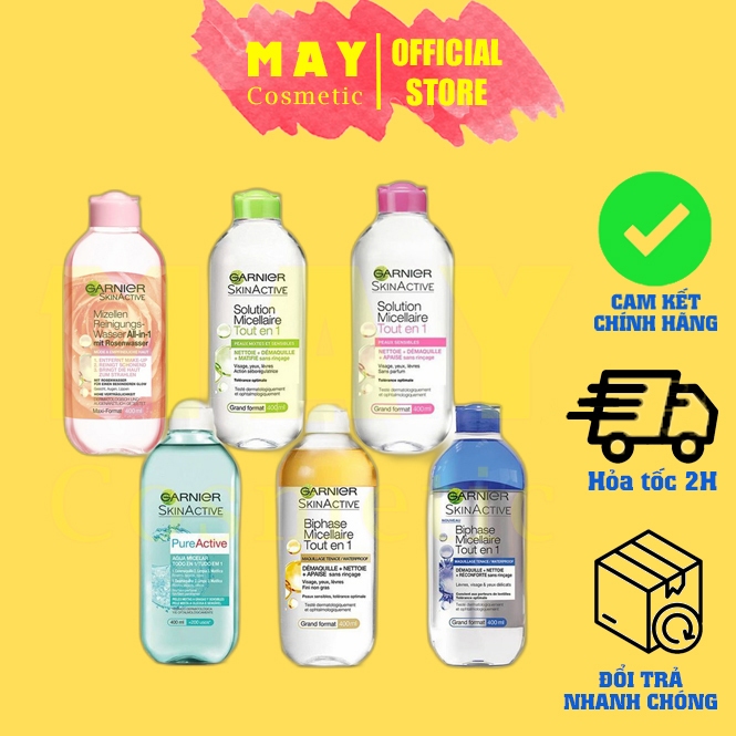 Nước Tẩy Trang Garnier [CHÍNH HÃNG] Không Cồn Cho Mọi Da, Hồng Vàng Xanh Micellar Skinactive Cleansi