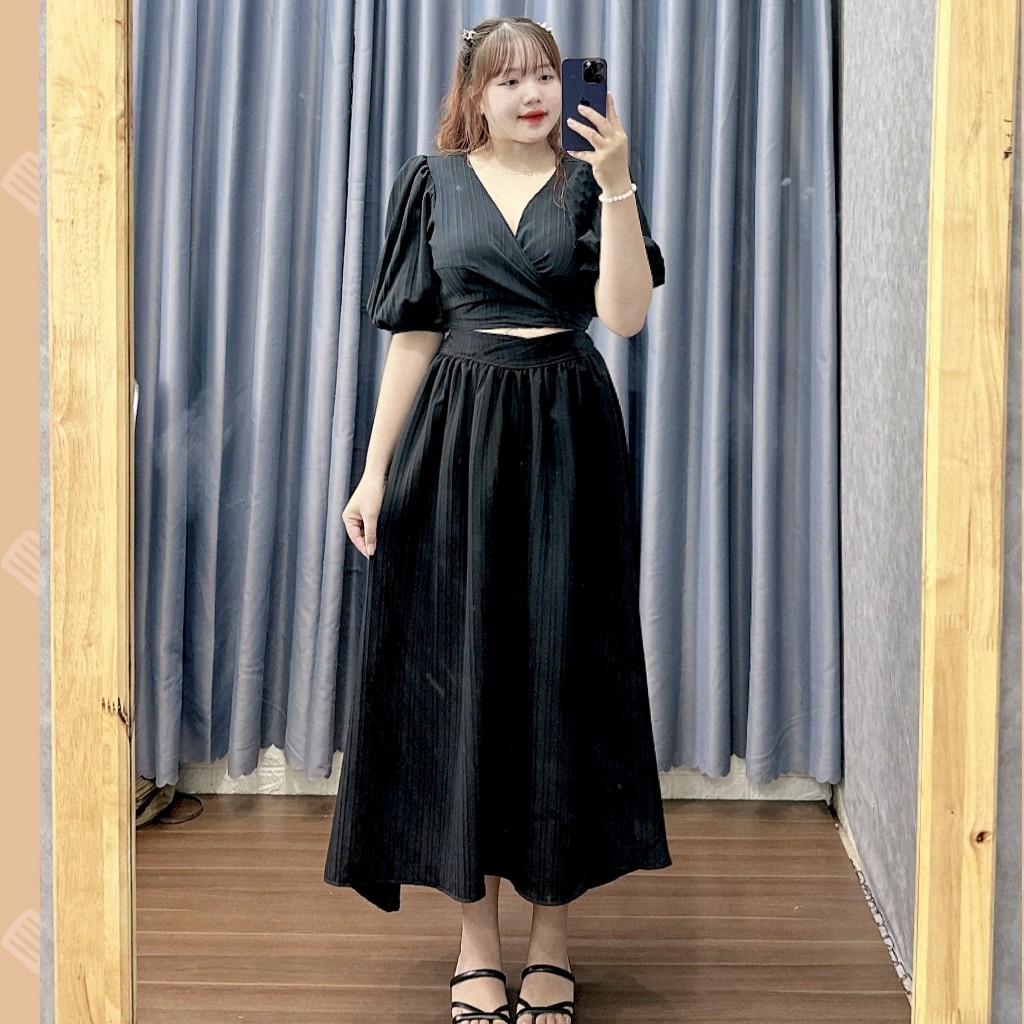 Set Bộ Nữ Hot Trend Bigsize Chân Váy Dài Midi Phối Áo Sơ Mi Đắp Chéo Bánh Bèo Hot Trend Set78