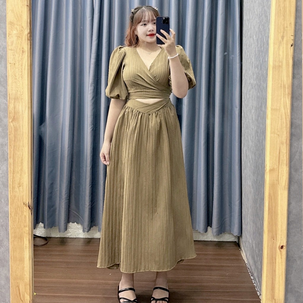 Set Bộ Nữ Hot Trend Bigsize Chân Váy Dài Midi Phối Áo Sơ Mi Đắp Chéo Bánh Bèo Hot Trend Set78