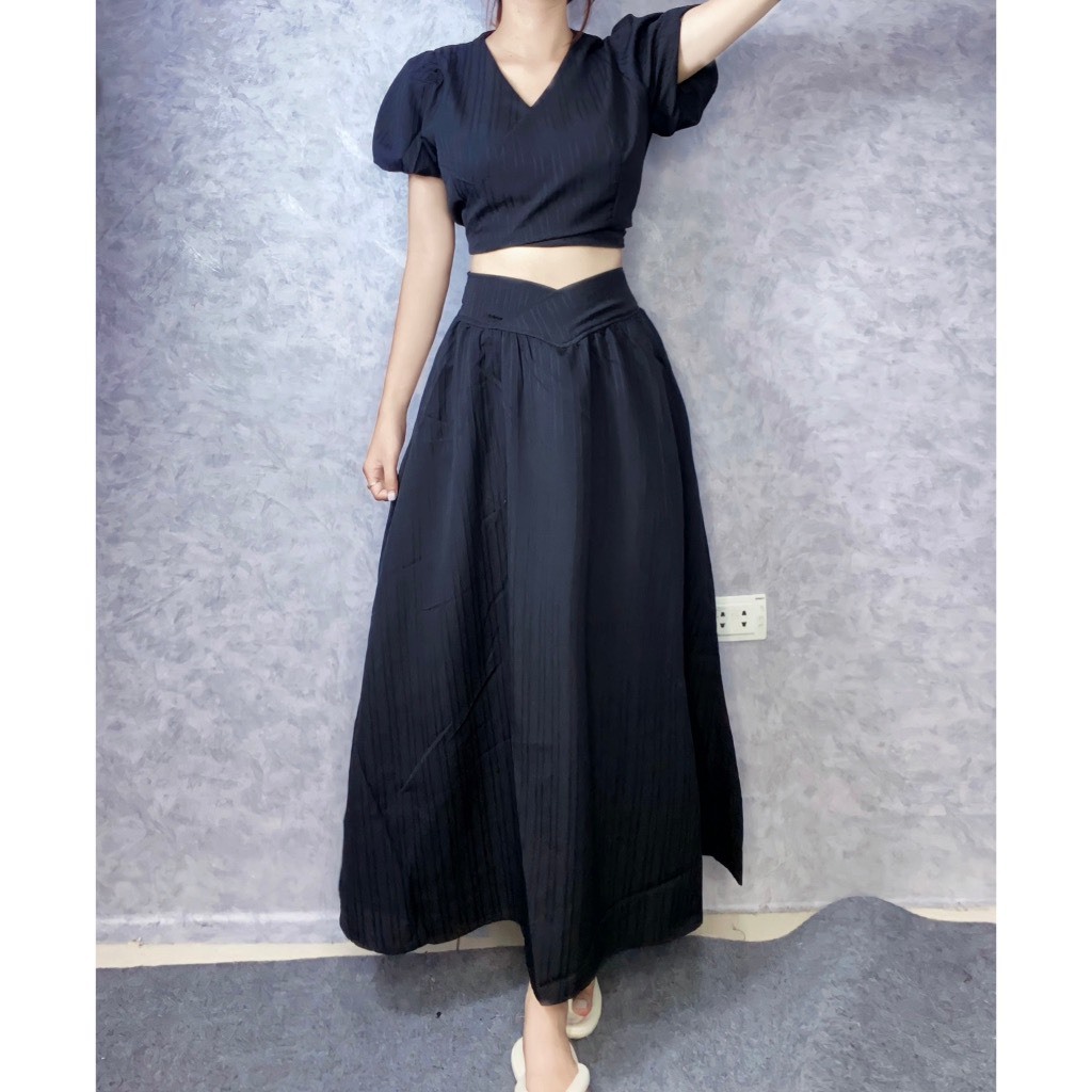 Set Bộ Nữ Hot Trend Bigsize Chân Váy Dài Midi Phối Áo Sơ Mi Đắp Chéo Bánh Bèo Hot Trend Set78