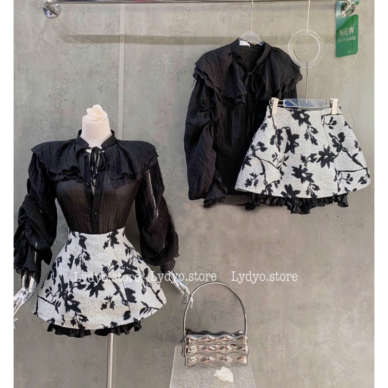 Set váy gấm thêu phối áo sơ mi đen voan tơ dài tay, chân váy ngắn chữ A công sở cao cấp thiết kế sang chảnh thu đông