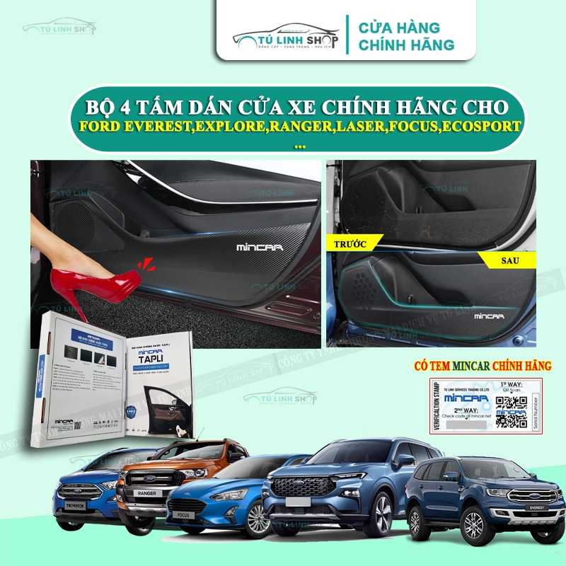 Bộ 4 Tấm dán Tapli xe Ford Eco sport, Escape, Everest, Explorer, Focus, Laser, Ranger, Territory chính hãng MINCAR