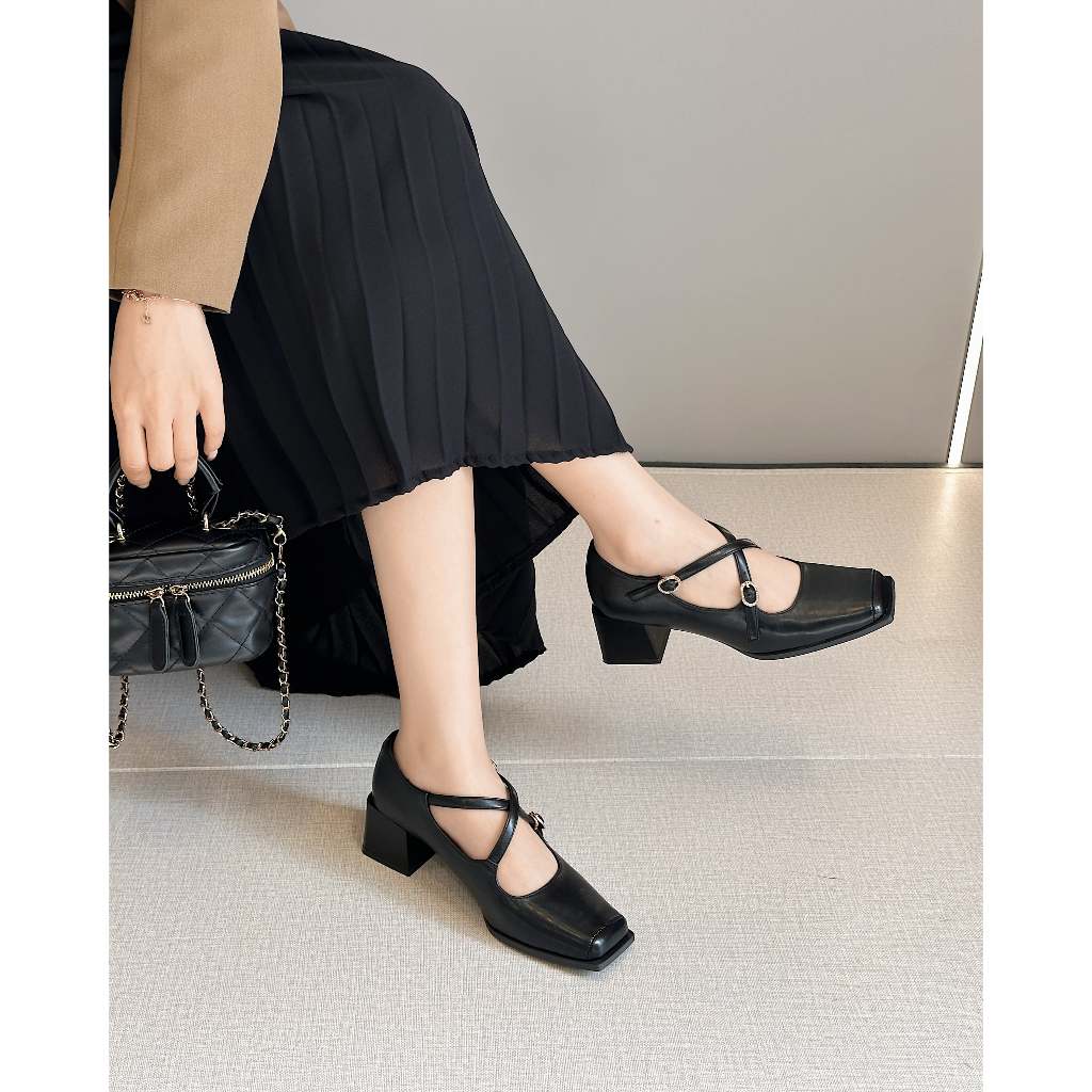 Giày Cao Gót Phối Quai Chéo Đế Vuông 5 Phân Thời Trang DESI 23D810