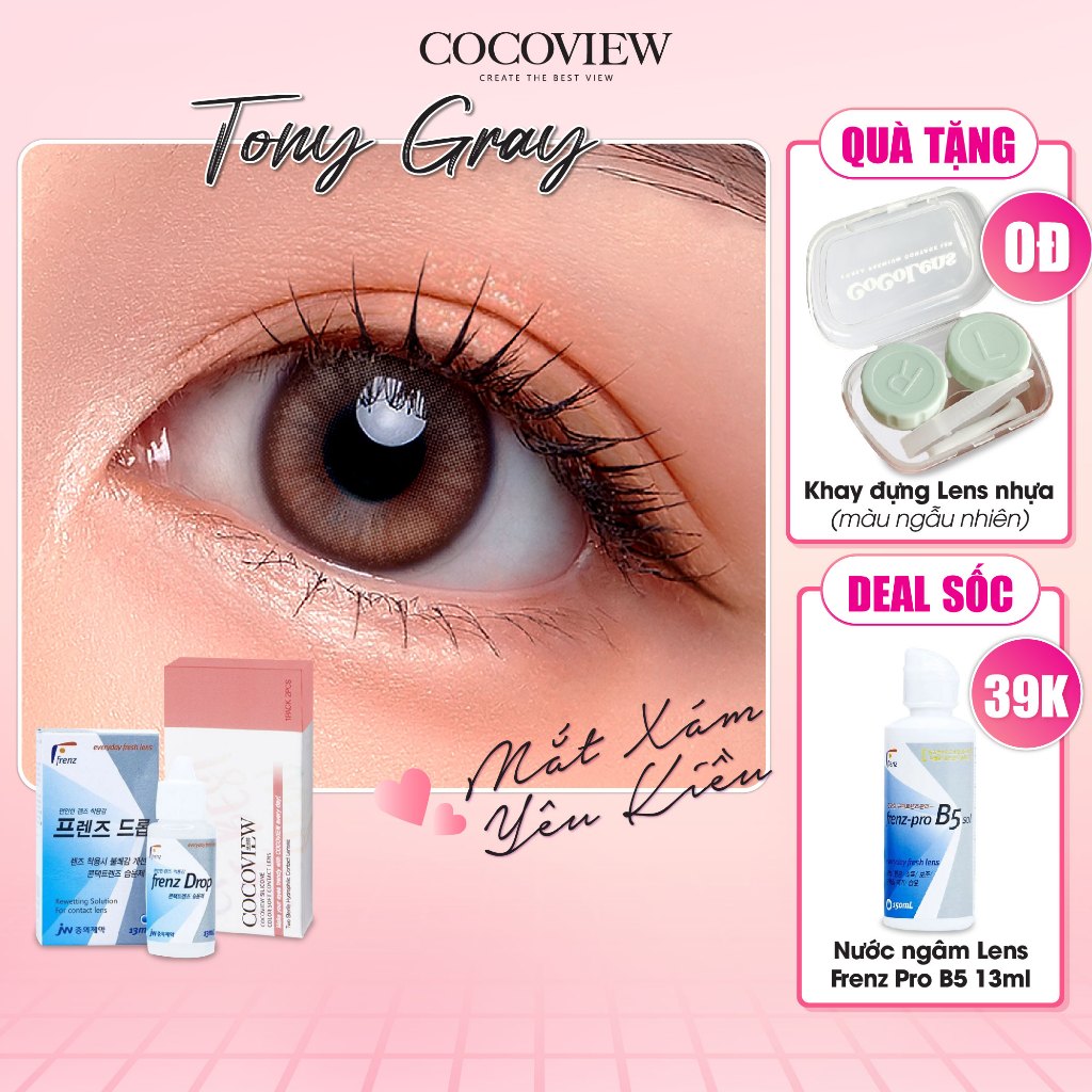 Combo Kính Áp Tròng Hàn Quốc COCOVIEW LENS TONY GRAY Xám Tự Nhiên + Nước Nhỏ Mắt Cấp Ẩm Frenz Pro B5 13ml
