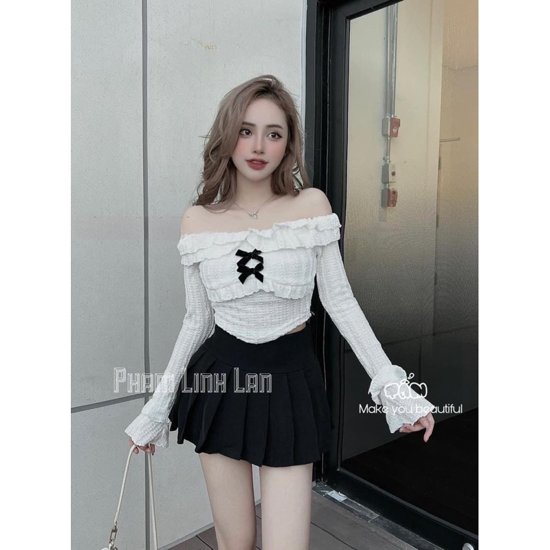 Set đồ váy nữ sang chảnh hàng hotgirl áo croptop tay dài trễ vai bèo đính nơ dễ thương phối chân váy đen ngắn xếp ly