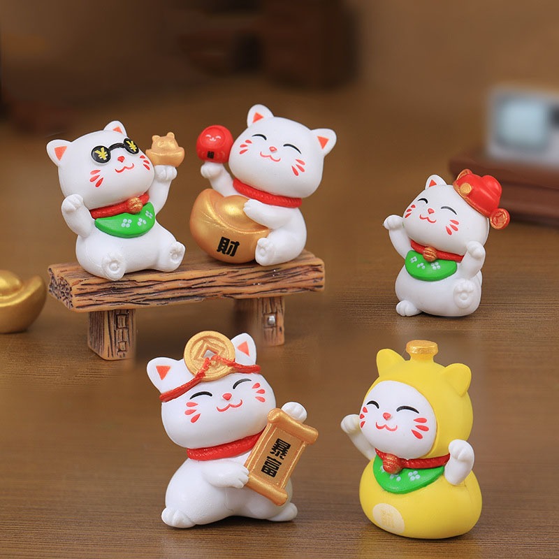 Mô hình 6 mèo thần tài đeo chuông khăn xanh Ráp dễ thương mô hình tiểu cảnh, trang trí bàn làm việc, quà tặng