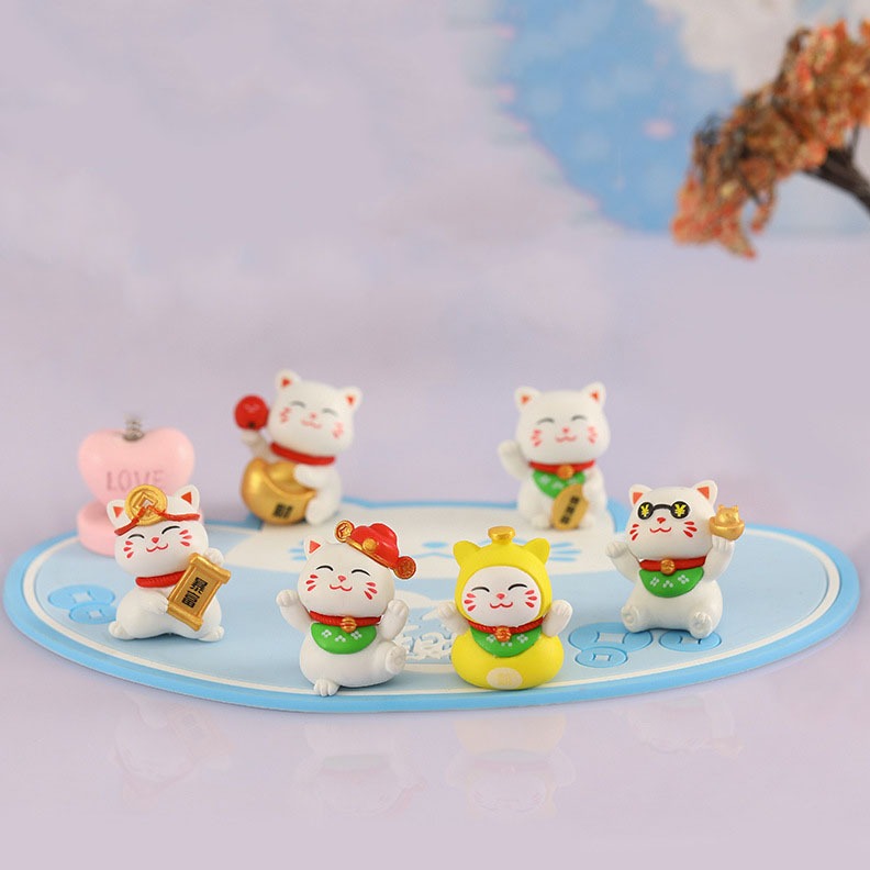 Mô hình 6 mèo thần tài đeo chuông khăn xanh Ráp dễ thương mô hình tiểu cảnh, trang trí bàn làm việc, quà tặng