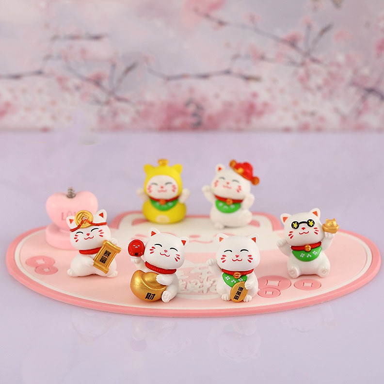 Mô hình 6 mèo thần tài đeo chuông khăn xanh Ráp dễ thương mô hình tiểu cảnh, trang trí bàn làm việc, quà tặng