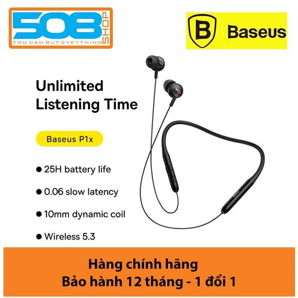 Tai nghe không dây thể thao Bluetooth chống nước Ba-se-us Bowie P1x In-ear (25hr, Bluetooth 5.3, Waterproof Neckband