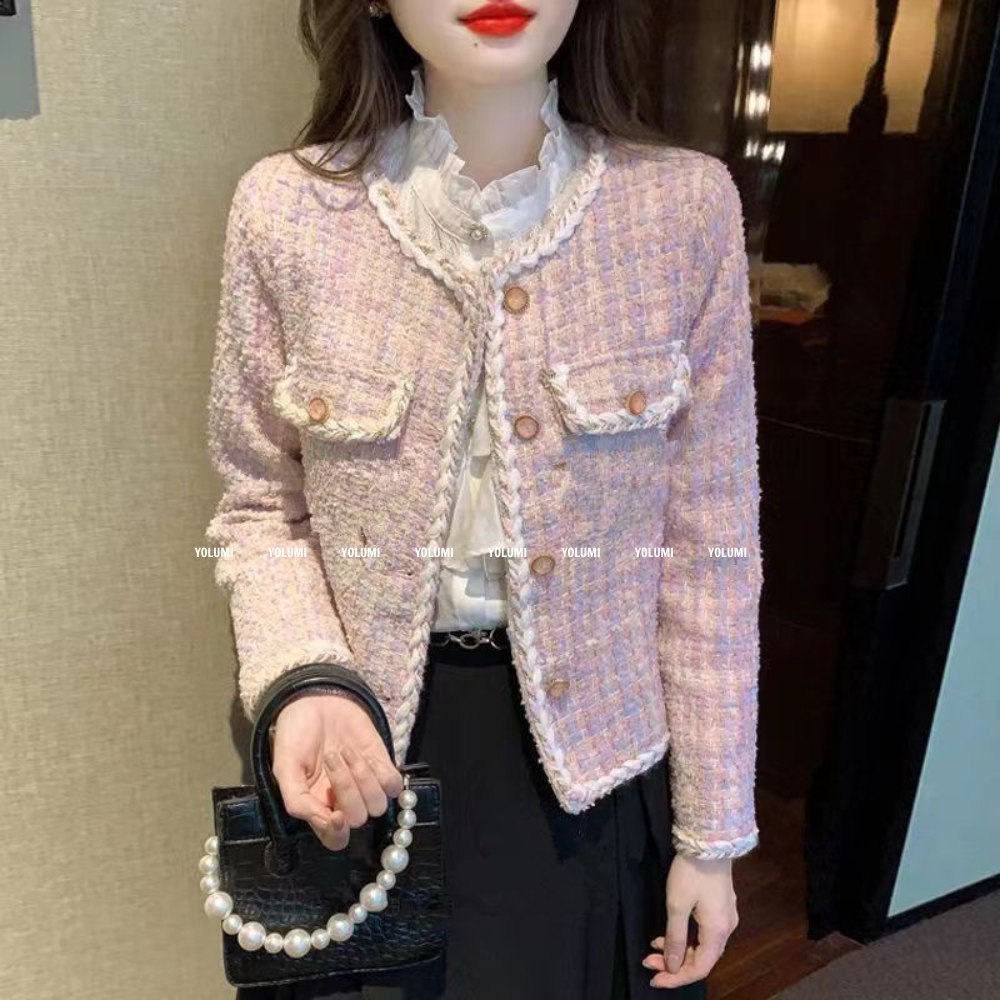 Áo Khoác Dạ Tweed Áo Dạ hồng phối cúc đồng siêu xinh phong cách Hàn Quốc YOLUMI