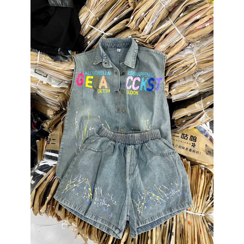 Set Bộ đồ Jean Dày đẹp Sơ Mi Sát Nách Ngắn Tay maM, Set Jean đùi, set Jean phẩy màu