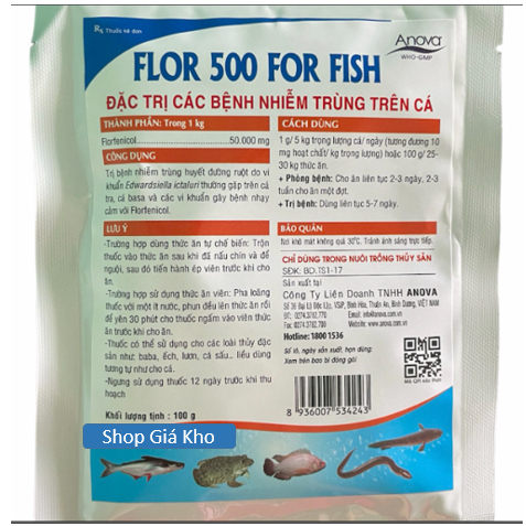 Flor 500 for fish _gói 100g_ Trị các bệnh nhiễm trùng cá lươn ếch, trị đường ruột bị nhiễm trùng huyết