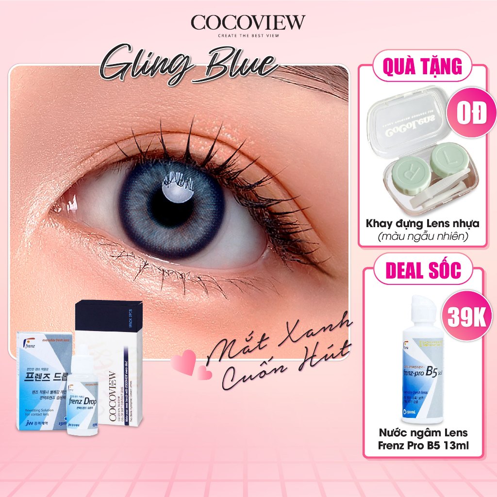 Combo Kính Áp Tròng Hàn Quốc COCOVIEW LENS GLING BLUE Xanh Tự Nhiên + Nước Nhỏ Mắt Cấp Ẩm Frenz Pro B5 13ml