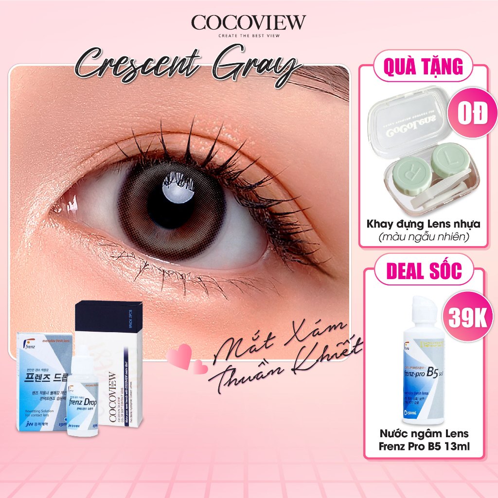 Combo Kính Áp Tròng Hàn Quốc COCOVIEW LENS CRESCENT GRAY Xám Tự Nhiên + Nước Nhỏ Mắt Cấp Ẩm Frenz Pro B5 13ml