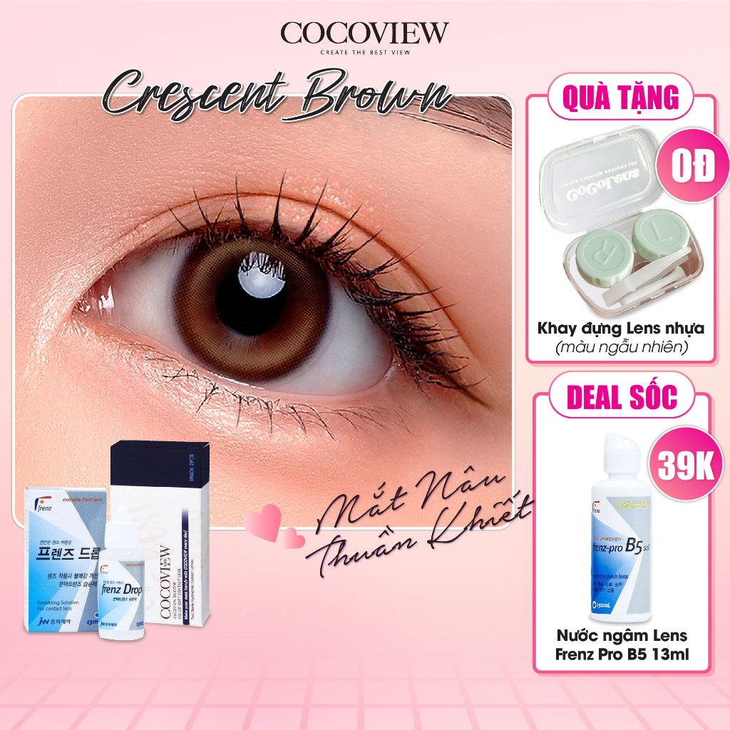 Combo Kính Áp Tròng Hàn Quốc COCOVIEW LENS CRESCENT BROWN Nấu Tự Nhiên + Nước Nhỏ Mắt Cấp Ẩm Frenz Pro B5 13ml