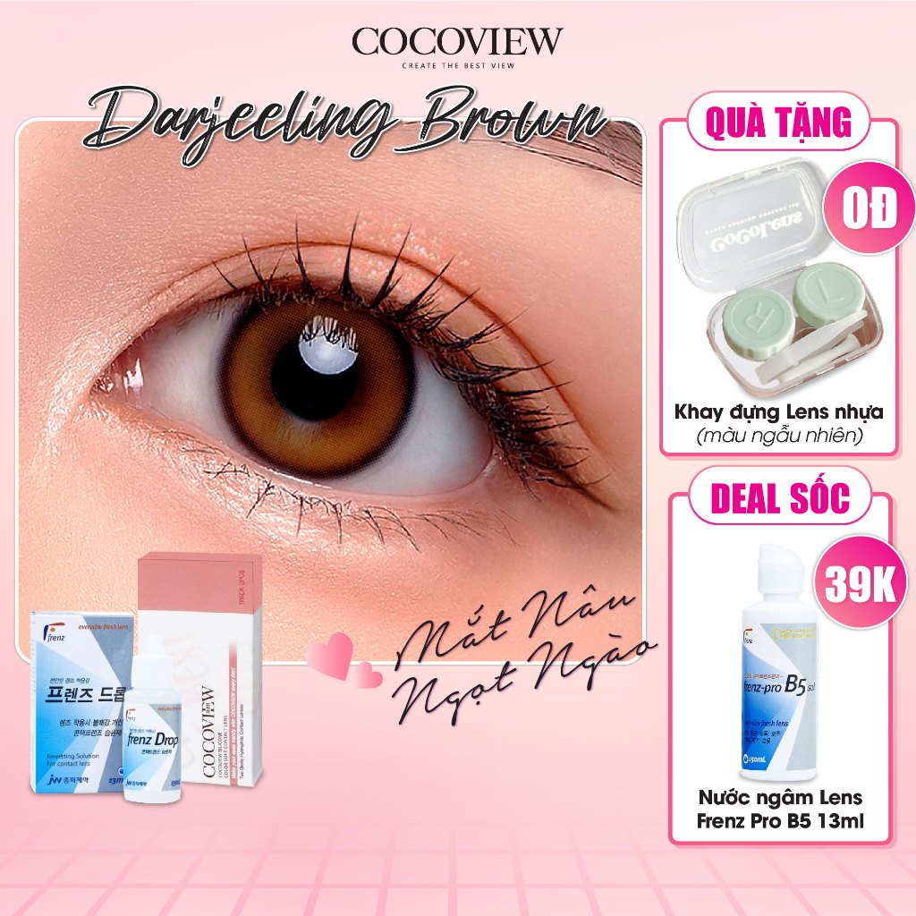Combo Kính Áp Tròng Hàn Quốc COCOVIEW LENS DARJEELING BROWN Nâu Tự Nhiên + Nước Nhỏ Mắt Cấp Ẩm Frenz Pro B5 13ml
