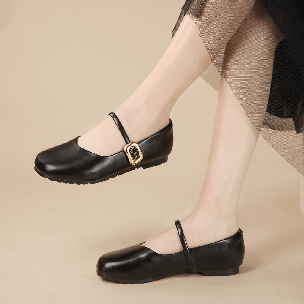 Giày búp bê nữ bằng da siêu êm, mũi tròn kèm khóa cực xinh cao 1cm AA0438