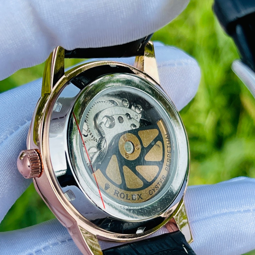 Đồng Hồ Cơ Nam Rolex Geneve Automatic Kim Cương Dây Da  Cao Cấp Chính Hãng