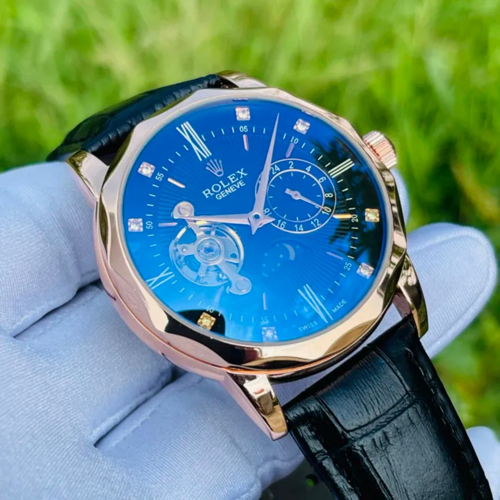 Đồng Hồ Cơ Nam Rolex Geneve Automatic Kim Cương Dây Da  Cao Cấp Chính Hãng