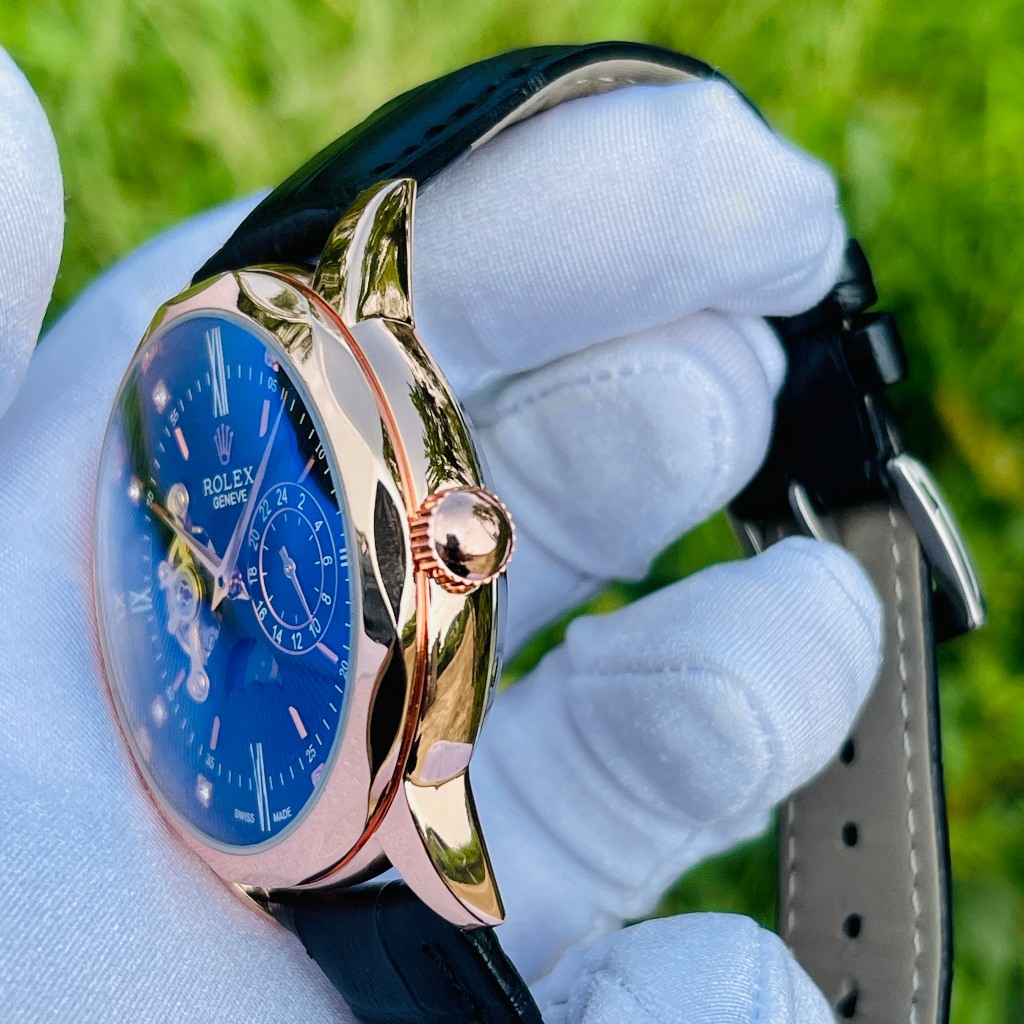 Đồng Hồ Cơ Nam Rolex Geneve Automatic Kim Cương Dây Da  Cao Cấp Chính Hãng