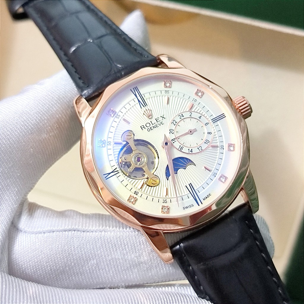 Đồng Hồ Cơ Nam Rolex Geneve Automatic Kim Cương Dây Da  Cao Cấp Chính Hãng