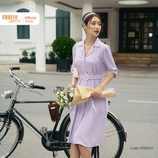Đầm Nữ Linen Tưng SUNFLY Tay Lỡ Thắt Dây Eo Trẻ Trung, Ngọt Ngào SFB3033