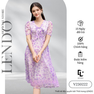 Đầm Váy Hoa Công Sở LENDO V230222 Dáng Xòe Cổ Tim Thắt Nơ Tay Ngắn