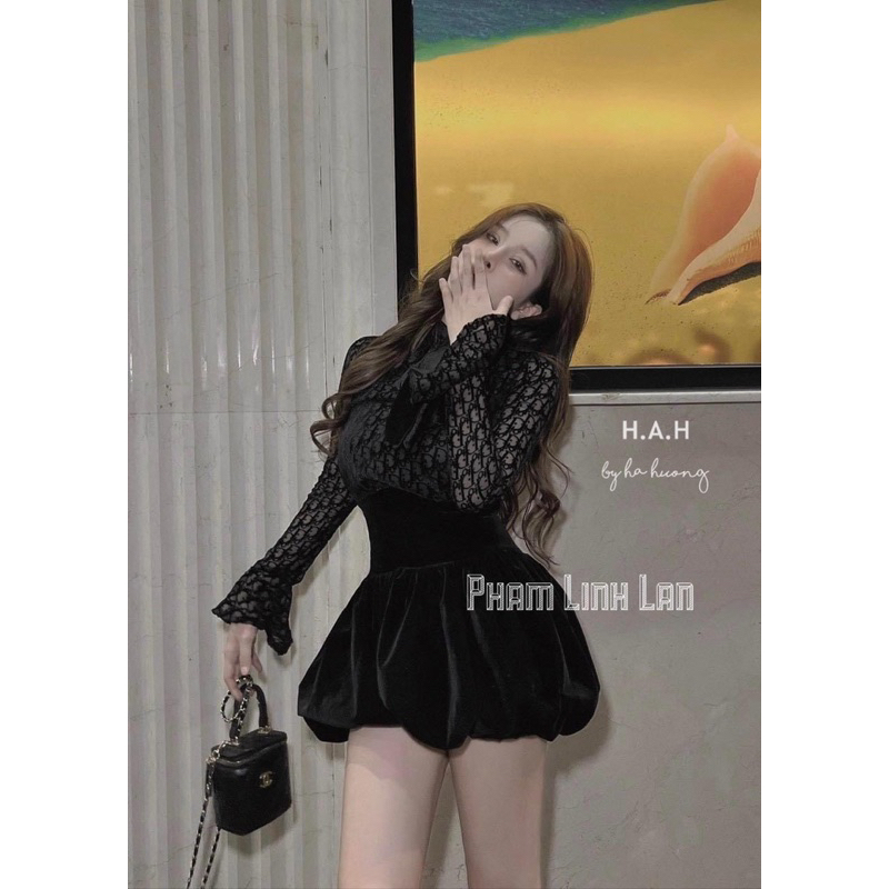 Váy nhung phối ren mix nơ siêu sang