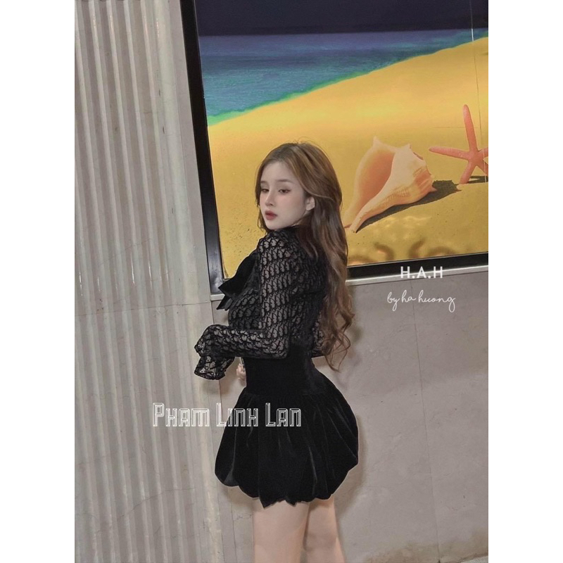 Váy nhung phối ren mix nơ siêu sang