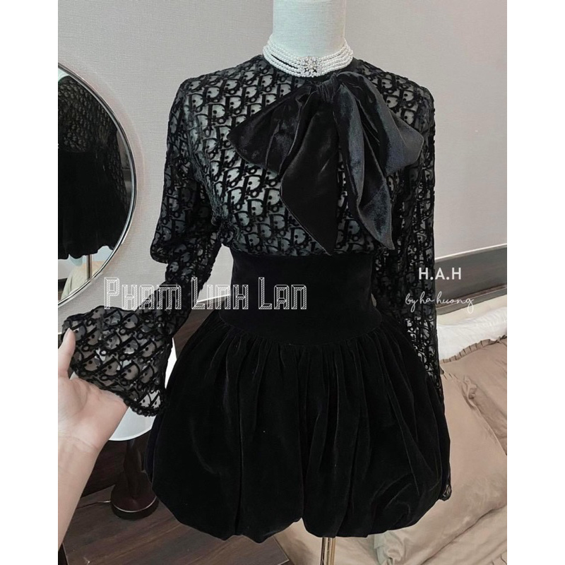 Váy nhung phối ren mix nơ siêu sang