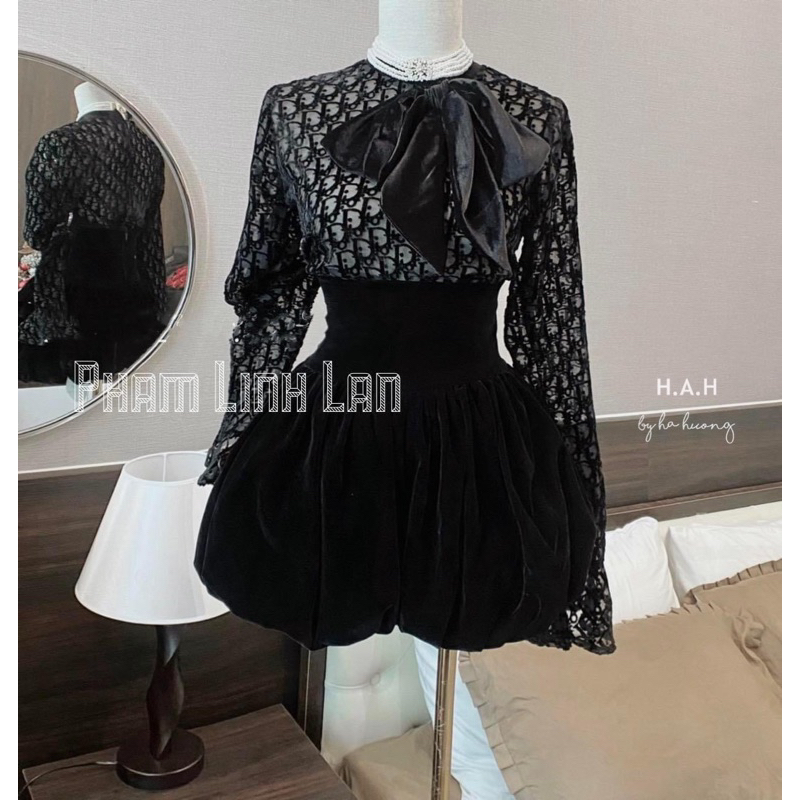 Váy nhung phối ren mix nơ siêu sang
