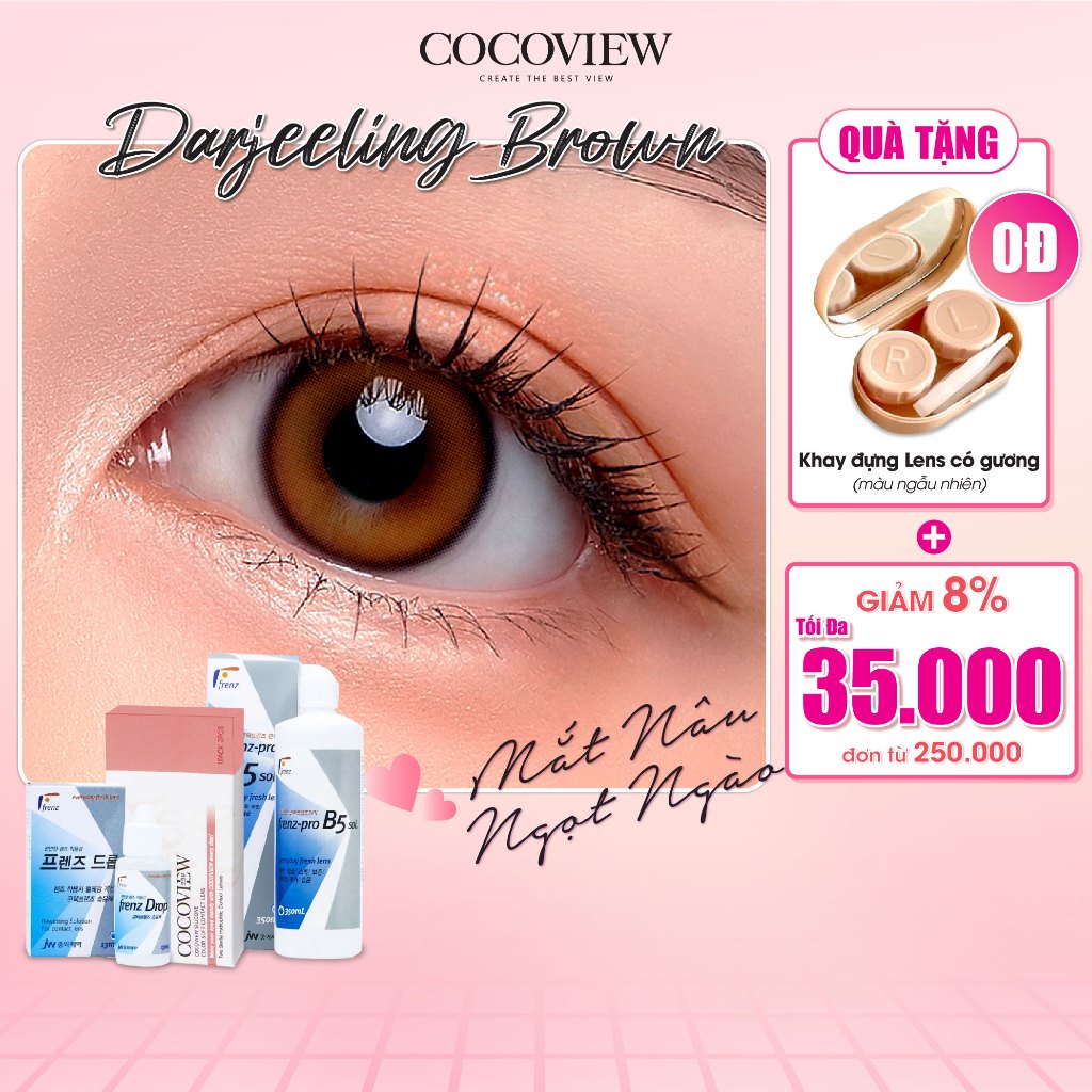 Combo Kính Áp Tròng Hàn Quốc COCOVIEW LENS DARJEELING BROWN Nâu Tự Nhiên + Nước Nhỏ Mắt 13ml + Nước Ngâm 350ml