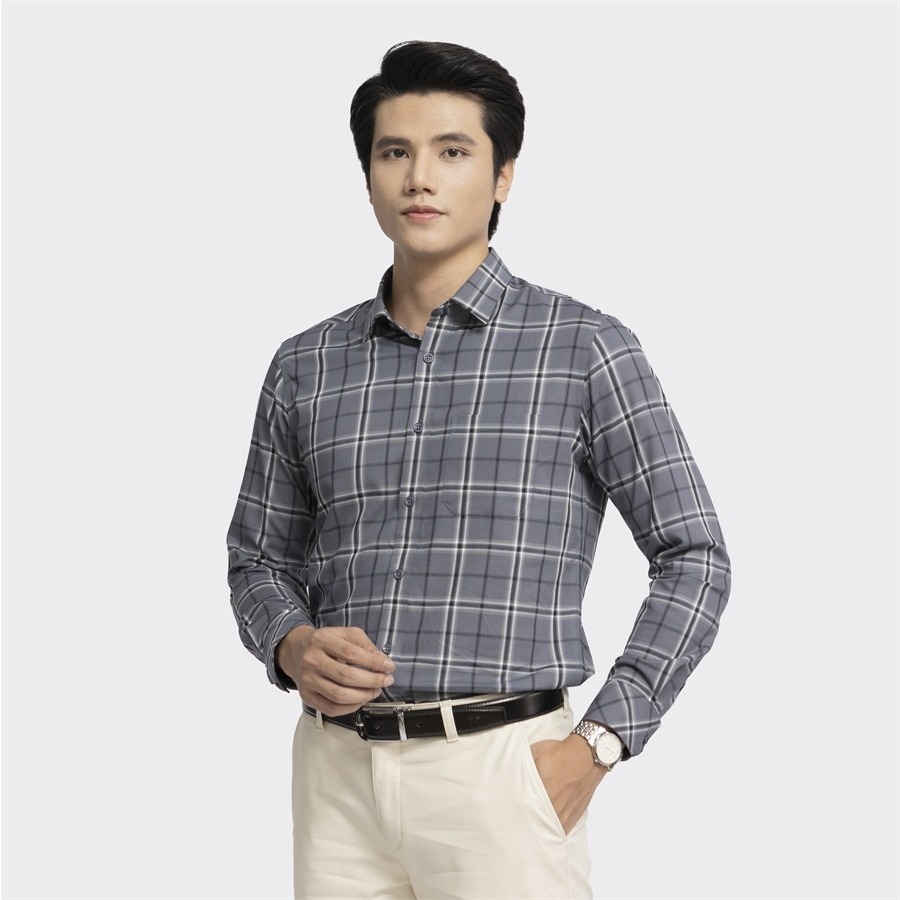 Áo sơ mi nam dài tay ARISTINO dáng suông nhẹ, họa tiết xám kẻ tinh tế, thời thượng - ALS20502
