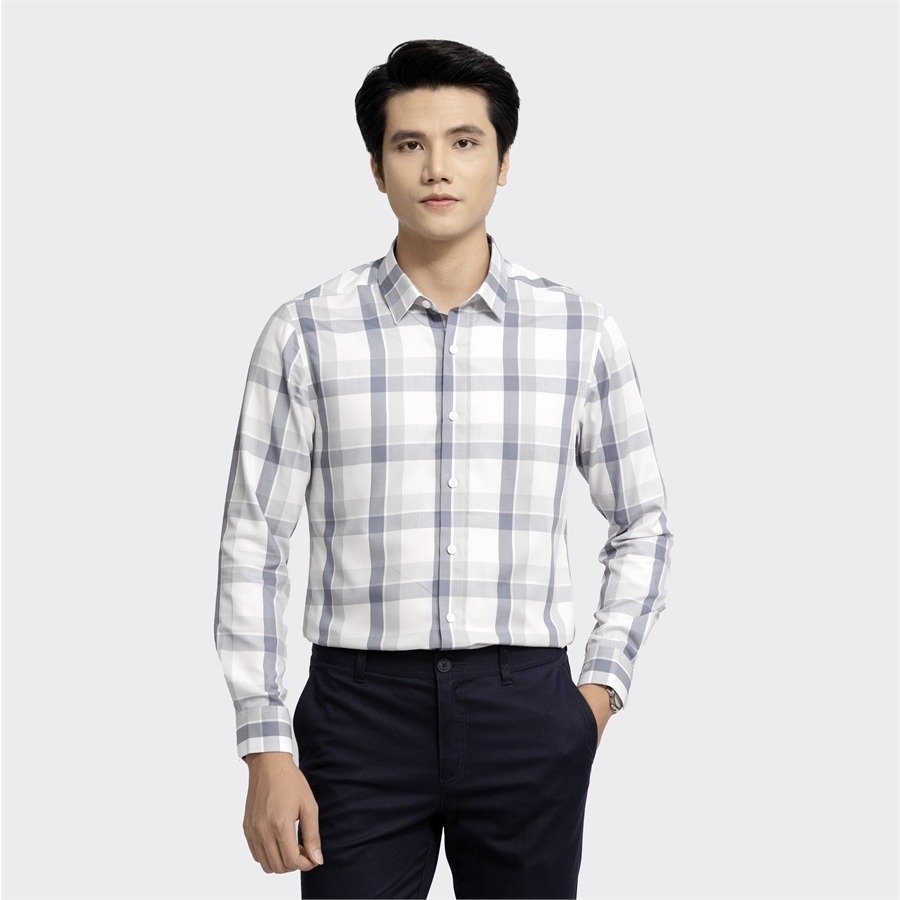 Áo sơ mi nam dài tay ARISTINO dáng Slim fit ôm vừa, họa tiết  trắng kẻ xám tinh tế, hiện đại - ALS18402