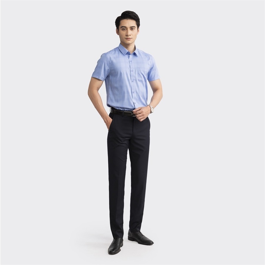 Áo sơ mi nam ngắn tay Aristino dáng suông nhẹ, họa tiết xanh dương kẻ trẻ trung, nổi bật- ASS126S2