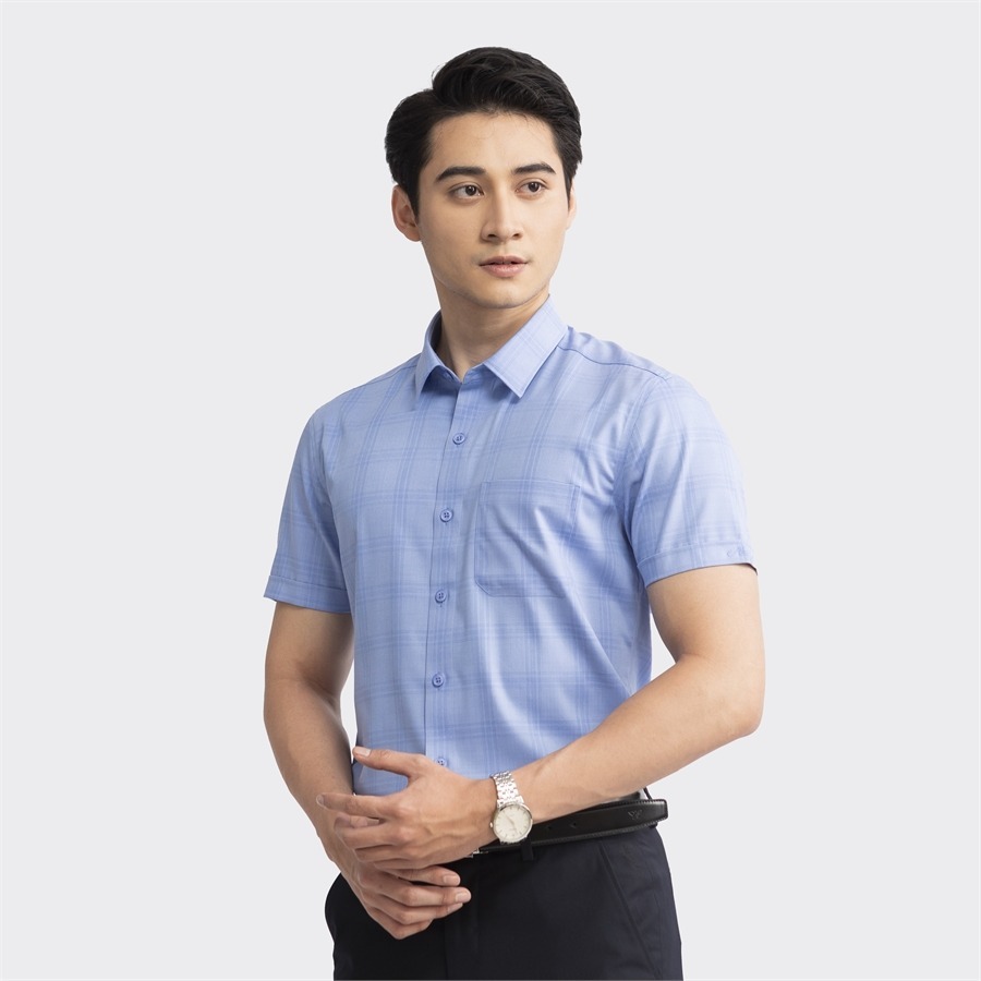 Áo sơ mi nam ngắn tay Aristino dáng suông nhẹ, họa tiết xanh dương kẻ trẻ trung, nổi bật- ASS126S2