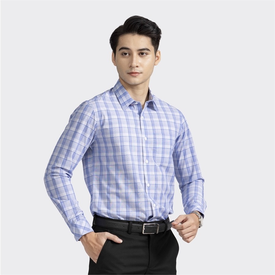 Áo sơ mi nam dài tay ARISTINO họa tiết trắng kẻ xanh nam tính, lịch sự  -  ALS18002