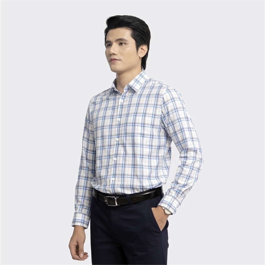 Áo sơ mi nam dài tay ARISTINO dáng suông vừa, họa tiết trắng kẻ xanh tinh tế, hiện đại - ALS16002