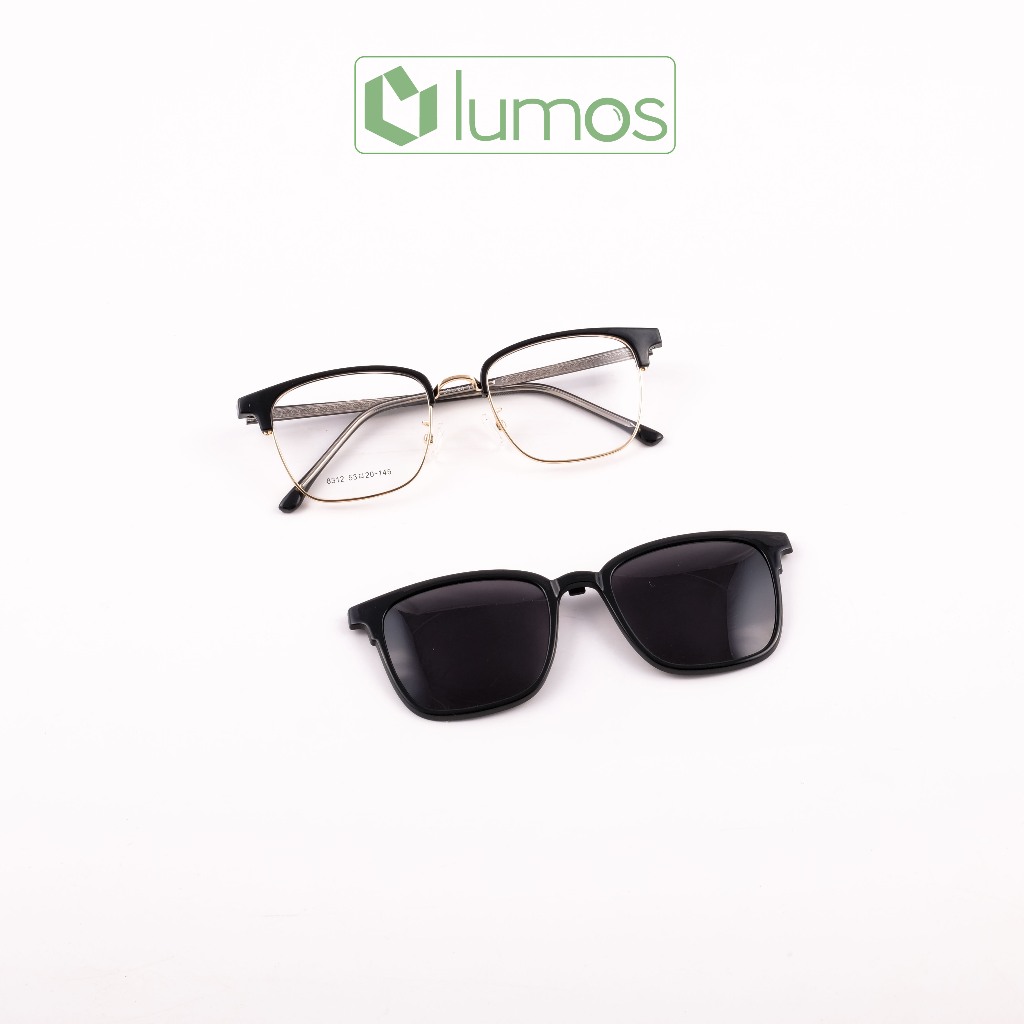 Gọng kính cận râm Lumos 2in1 mắt vuông nam nữ thời trang chất liệu nhựa TR có lõi thép chống tia UV cao cấp 8312
